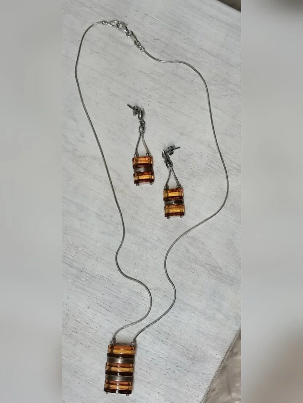 Sterling Silver Baltic Amber Jewelry Set: Geometric Pendant Necklace & Earrings